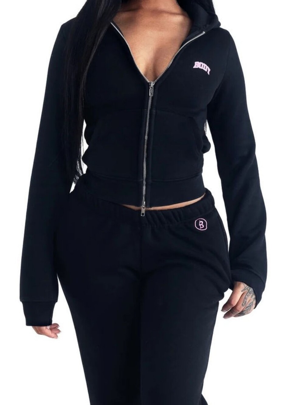 Black Cropped Zip Hoodie with Pink Logo - Women's Sweatshirt